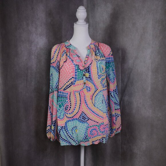 Lilly Pulitzer Tops - Lilly Pulitzer Elsa Top Womens Small Multicolor Silk Blouse Long Sleeve Beach